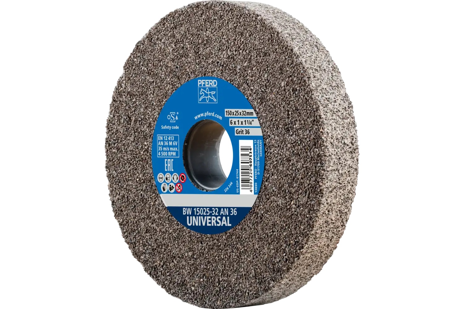Picture of Pferd Vitrified Bench Wheel, Universal, 6" X 1 X 1-1/4, 36 Grit, Aluminum Oxide